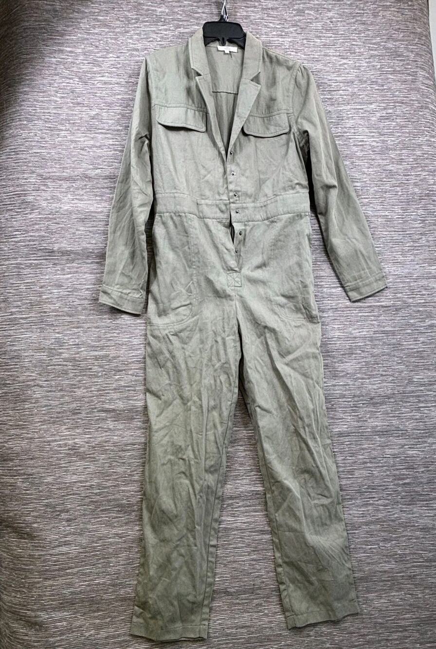 Entro Jumpsuit Womens Size L Green Cotton Canvas Utility Coveralls Long Sleeve